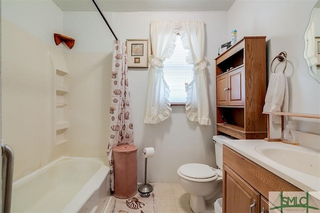 bathroom featuring tile patterned flooring, shower / tub combo with curtain, toilet, and vanity