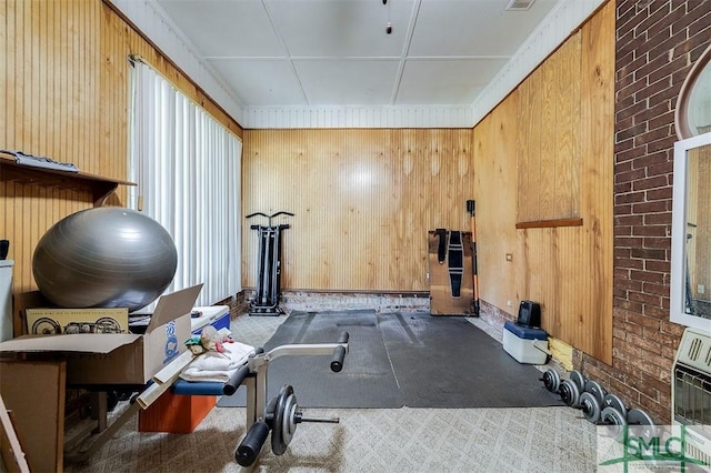 workout room featuring wooden walls, carpet floors, and heating unit