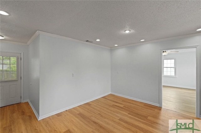 spare room featuring a textured ceiling, light wood finished floors, and a wealth of natural light