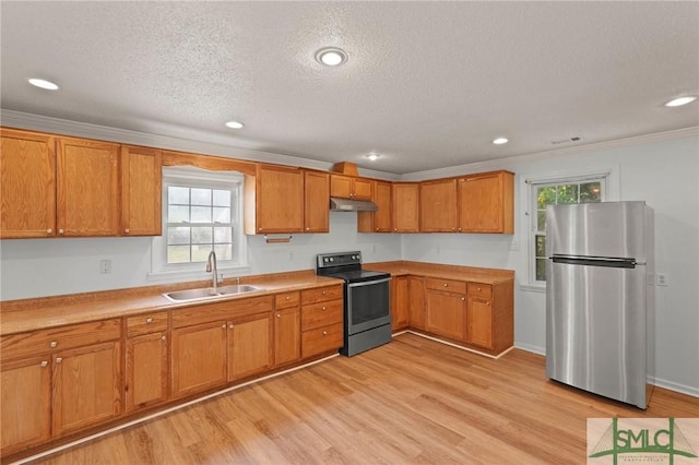 kitchen with brown cabinetry, under cabinet range hood, a sink, light wood finished floors, and stainless steel appliances