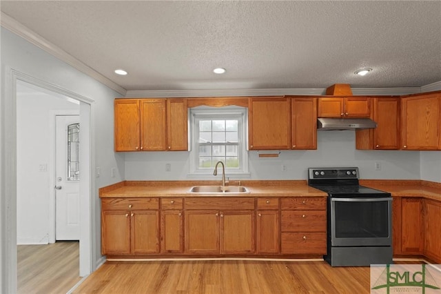 kitchen with a sink, light wood finished floors, stainless steel electric stove, ornamental molding, and under cabinet range hood