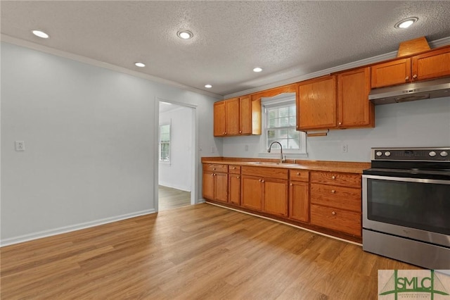 kitchen with light wood-type flooring, a sink, stainless steel electric stove, ornamental molding, and under cabinet range hood