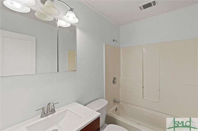 bathroom featuring visible vents,  shower combination, toilet, and vanity