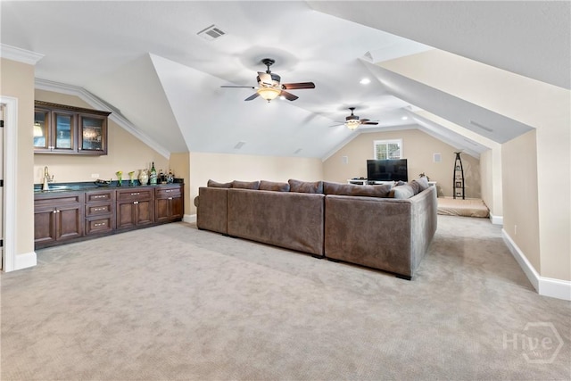 3 Cobham Draw Draw, Pooler, GA 31322 - living room featuring vaulted ceiling, light colored carpet, a ceiling fan, bar with sink, and baseboards