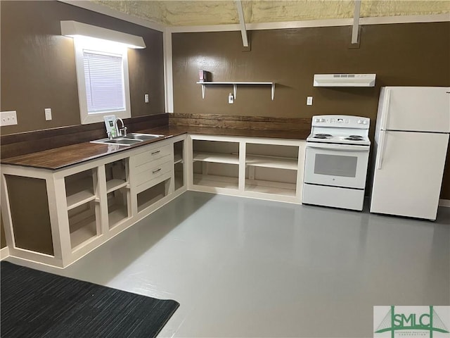 kitchen with a sink, open shelves, under cabinet range hood, and white appliances