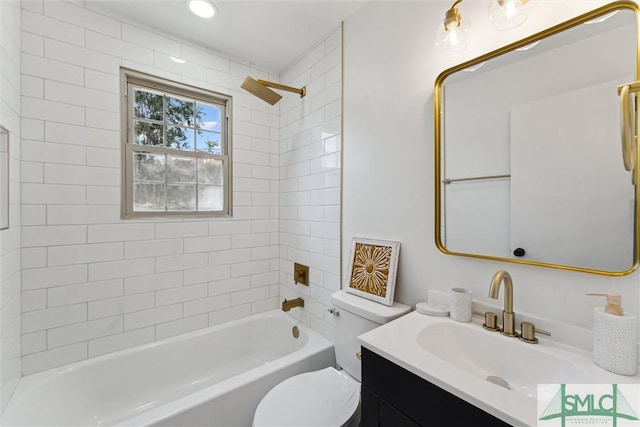 full bath featuring vanity, shower / bathtub combination, and toilet