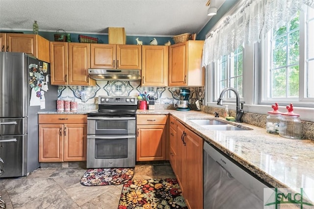 219 N College St, Pembroke, GA 31321 - kitchen with decorative backsplash, a sink, light stone counters, under cabinet range hood, and stainless steel appliances