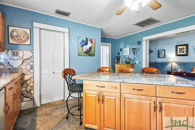 219 N College St, Pembroke, GA 31321 - kitchen with a breakfast bar, a ceiling fan, stone finish flooring, and visible vents