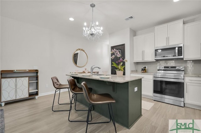 kitchen with visible vents, a kitchen island with sink, white cabinets, tasteful backsplash, and stainless steel appliances