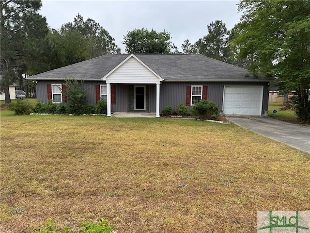 single story home featuring concrete driveway, covered porch, a front lawn, and a garage