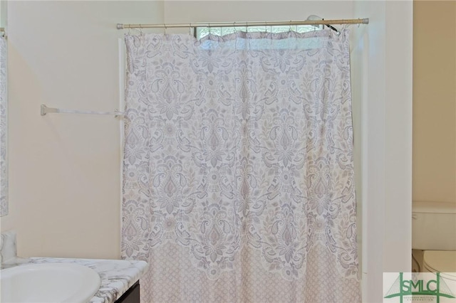bathroom with vanity, toilet, and a shower with curtain