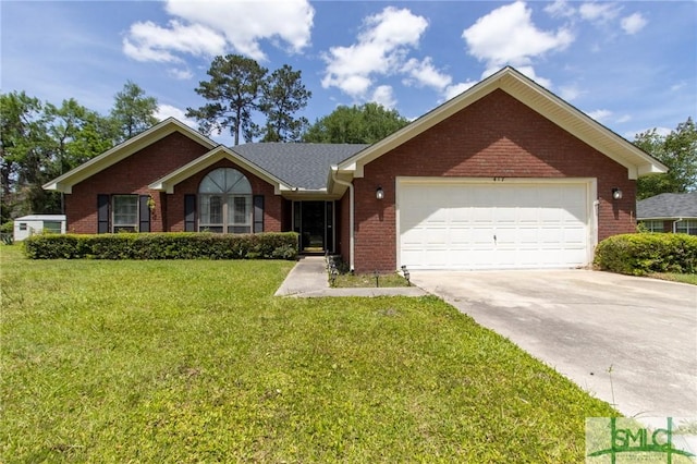 ranch-style house with concrete driveway, brick siding, an attached garage, and a front yard