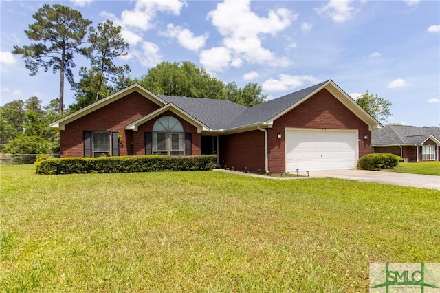 ranch-style home featuring concrete driveway, brick siding, a front lawn, and a garage