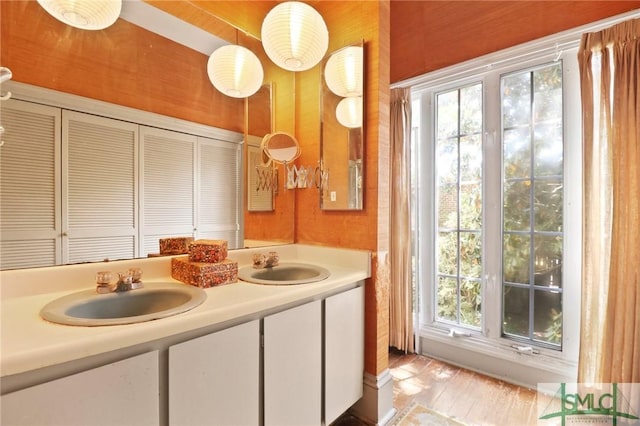 full bathroom with a wealth of natural light, double vanity, and a sink
