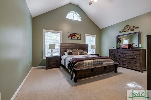 213 Rosehill Dr E, Rincon, GA 31326 - carpeted bedroom featuring ceiling fan, baseboards, and high vaulted ceiling
