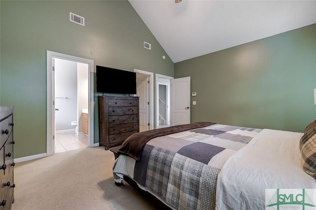 213 Rosehill Dr E, Rincon, GA 31326 - bedroom featuring light colored carpet, visible vents, baseboards, and high vaulted ceiling