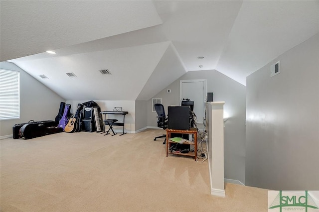213 Rosehill Dr E, Rincon, GA 31326 - office with carpet flooring, visible vents, and vaulted ceiling