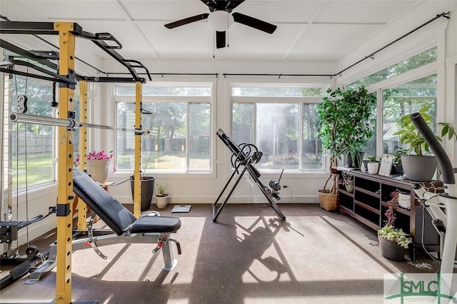 213 Rosehill Dr E, Rincon, GA 31326 - exercise room featuring a ceiling fan and a healthy amount of sunlight