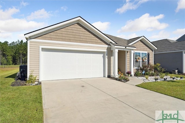 single story home featuring concrete driveway, a garage, and a front yard