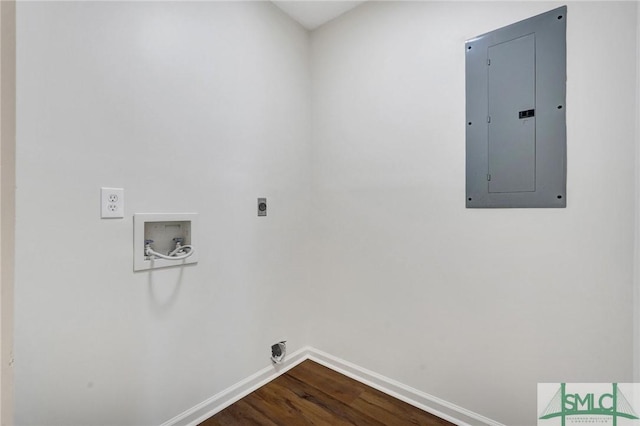 laundry area featuring baseboards, washer hookup, electric panel, hookup for an electric dryer, and laundry area