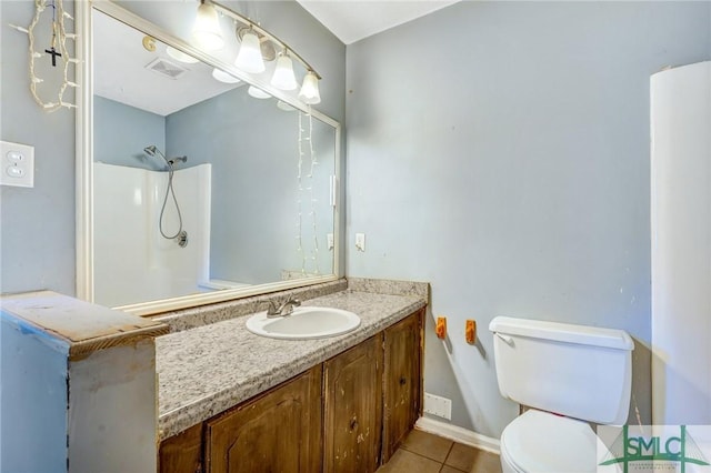 full bathroom featuring toilet, tile patterned floors, visible vents, baseboards, and vanity