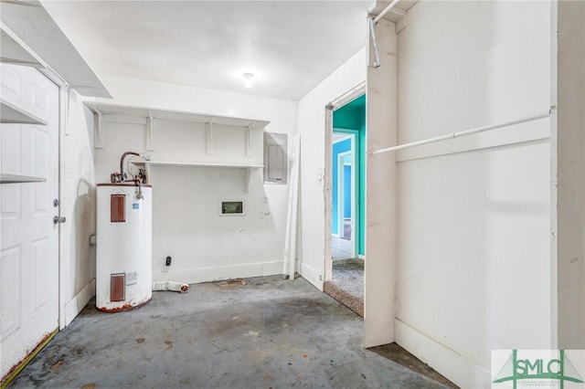 interior space with hookup for a washing machine, laundry area, and water heater