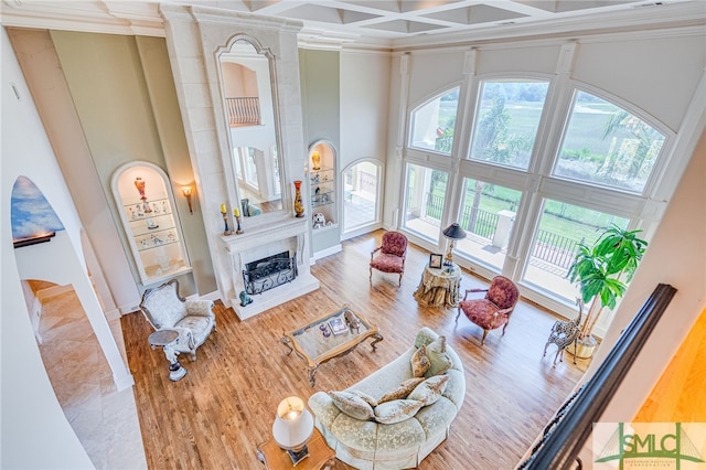 living area with ornamental molding, a towering ceiling, and a healthy amount of sunlight