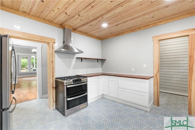 kitchen with stainless steel appliances, wall chimney range hood, open shelves, white cabinets, and wood ceiling