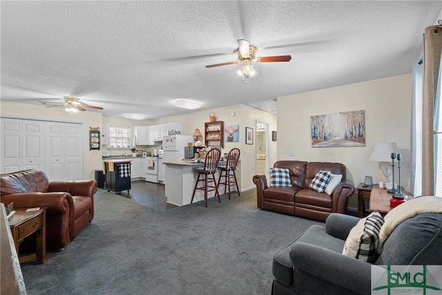 671 M P Martin Rd, Brooklet, GA 30415 - living room featuring a textured ceiling, a ceiling fan, and dark carpet