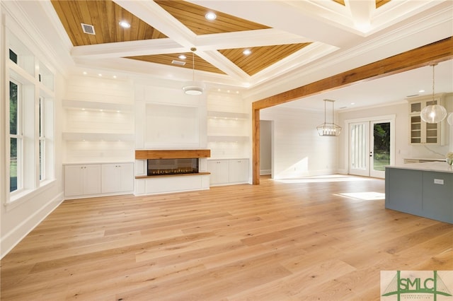 151 Pittman Dr, Rincon, GA 31326 - unfurnished living room featuring coffered ceiling, beam ceiling, visible vents, ornamental molding, and recessed lighting