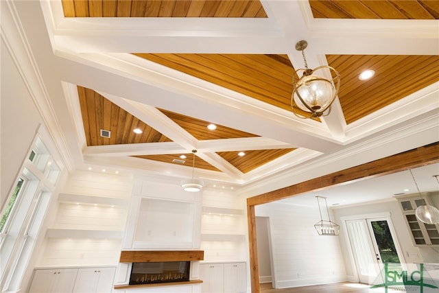 151 Pittman Dr, Rincon, GA 31326 - room details featuring coffered ceiling, wooden ceiling, beamed ceiling, and ornamental molding