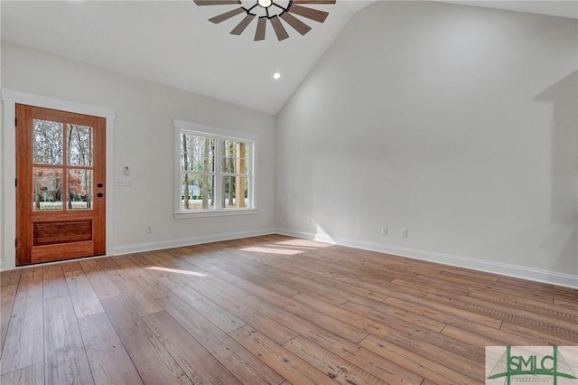 LOT10 Waters Cir, Pembroke, GA 31321 - unfurnished living room featuring baseboards, light wood finished floors, ceiling fan, and high vaulted ceiling