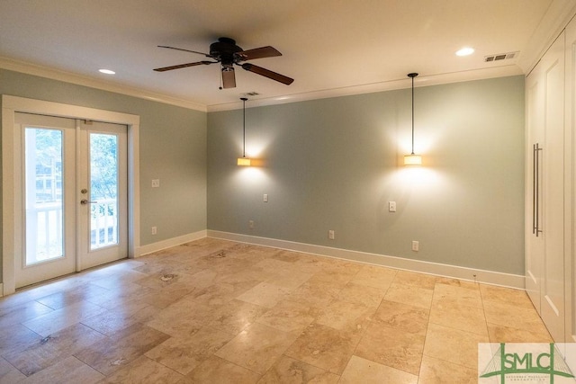 spare room with french doors, crown molding, visible vents, ceiling fan, and recessed lighting
