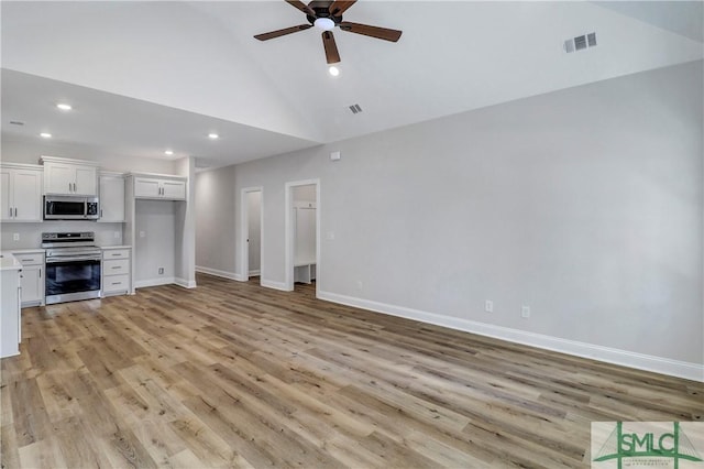 unfurnished living room featuring a ceiling fan, recessed lighting, light wood-style flooring, and visible vents