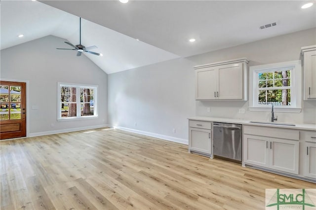 interior space with a sink, open floor plan, visible vents, ceiling fan, and dishwasher