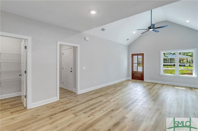 unfurnished living room with light wood finished floors, visible vents, a ceiling fan, and recessed lighting