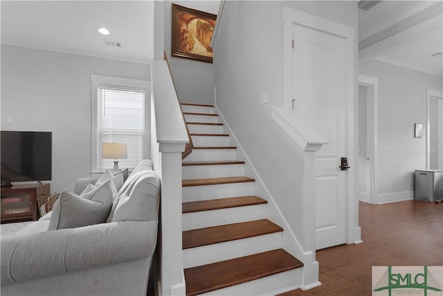 staircase with baseboards, visible vents, and recessed lighting
