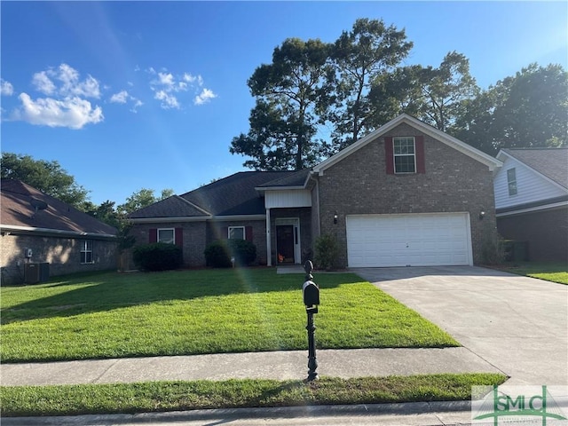 view of front of home with a garage, central air condition unit, a front yard, brick siding, and driveway