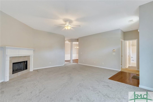 104 Coach House Sq, Pooler, GA 31322 - unfurnished living room with carpet, a fireplace, baseboards, and ceiling fan