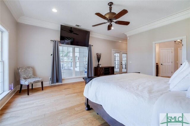 bedroom featuring french doors, recessed lighting, ornamental molding, visible vents, and light wood-style floors