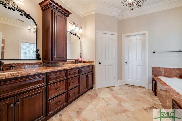 bathroom with double vanity, a sink, a notable chandelier, visible vents, and ornamental molding