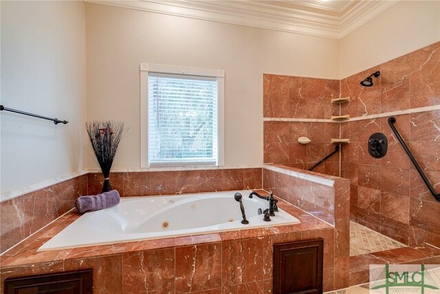 full bath with crown molding, a whirlpool tub, and tiled shower