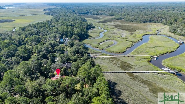 birds eye view of property with a water view and a wooded view