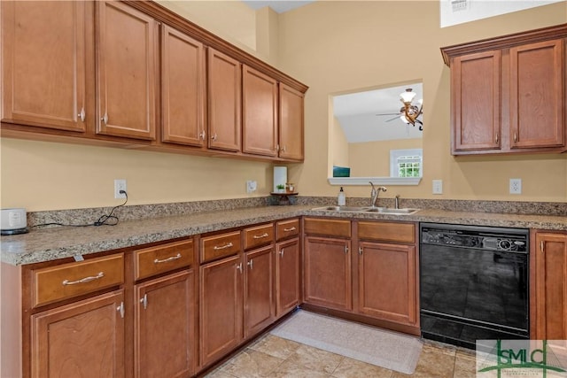kitchen with a sink, ceiling fan, brown cabinetry, and dishwasher