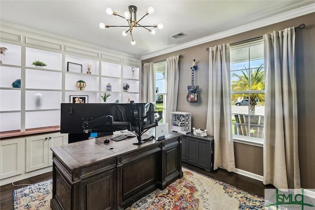 office space with crown molding, a chandelier, visible vents, and dark wood-type flooring