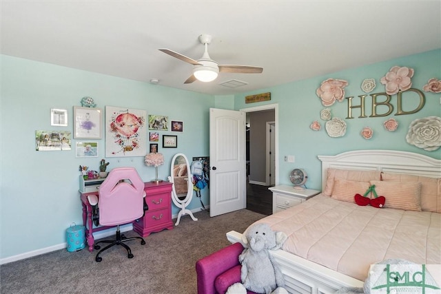 carpeted bedroom with a ceiling fan, baseboards, and visible vents