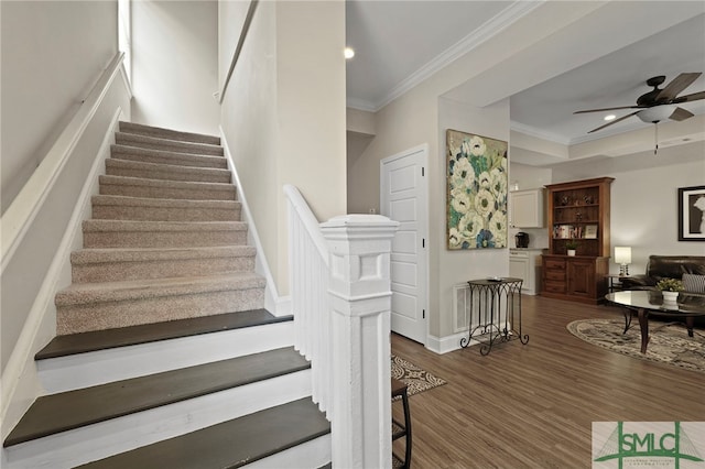 856 E 35th St, Savannah, GA 31401 - staircase featuring recessed lighting, baseboards, ornamental molding, ceiling fan, and wood finished floors