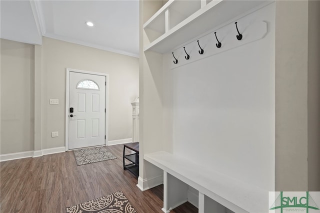 856 E 35th St, Savannah, GA 31401 - mudroom featuring baseboards, ornamental molding, and dark wood finished floors
