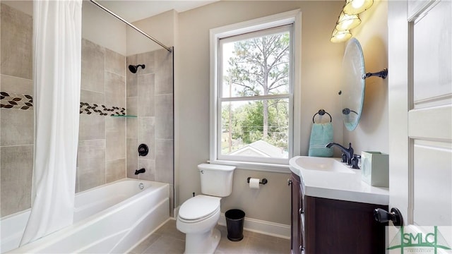 856 E 35th St, Savannah, GA 31401 - full bathroom featuring toilet, baseboards, shower / bath combination with curtain, tile patterned floors, and vanity