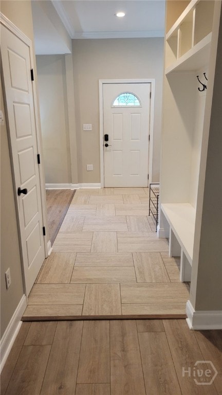 856 E 35th St, Savannah, GA 31401 - mudroom featuring crown molding, light wood-style floors, and recessed lighting